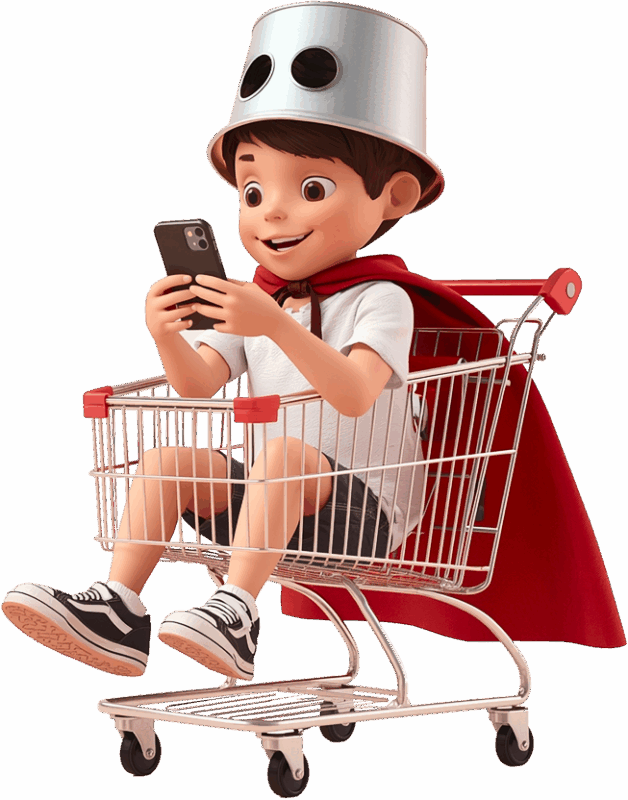 Boy in a shopping cart holding a phone, representing gamification in retail marketing.