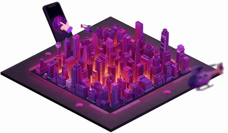 3D digital city illustration with skyscrapers, a mobile phone, and a helicopter, symbolizing interactive gamification and digital engagement.