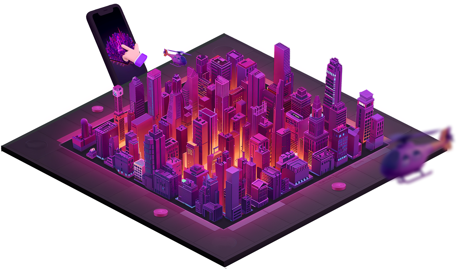 3D digital city illustration with skyscrapers, a mobile phone, and a helicopter, symbolizing interactive gamification and digital engagement.